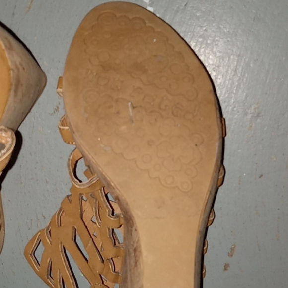 Tan Cut-Out Platform Wedge Sandals with Cork Heel Bohemian Beachy Casual Wedge - Picture 13 of 16